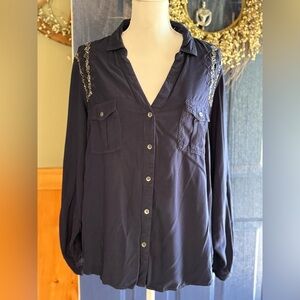 Rock & Republic Black Button-Down Shirt with Silver Accents